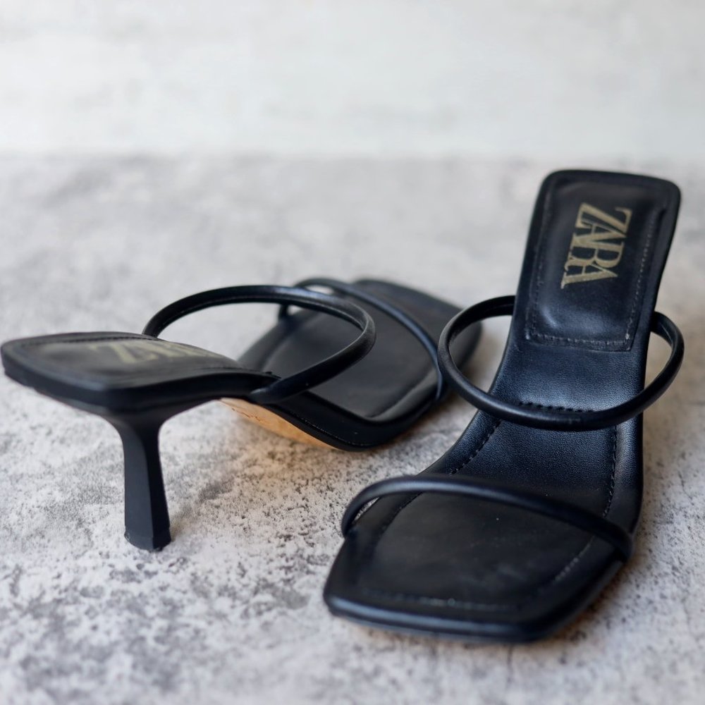 Zara 38 Heeled Leather Square Toe Sandals Black